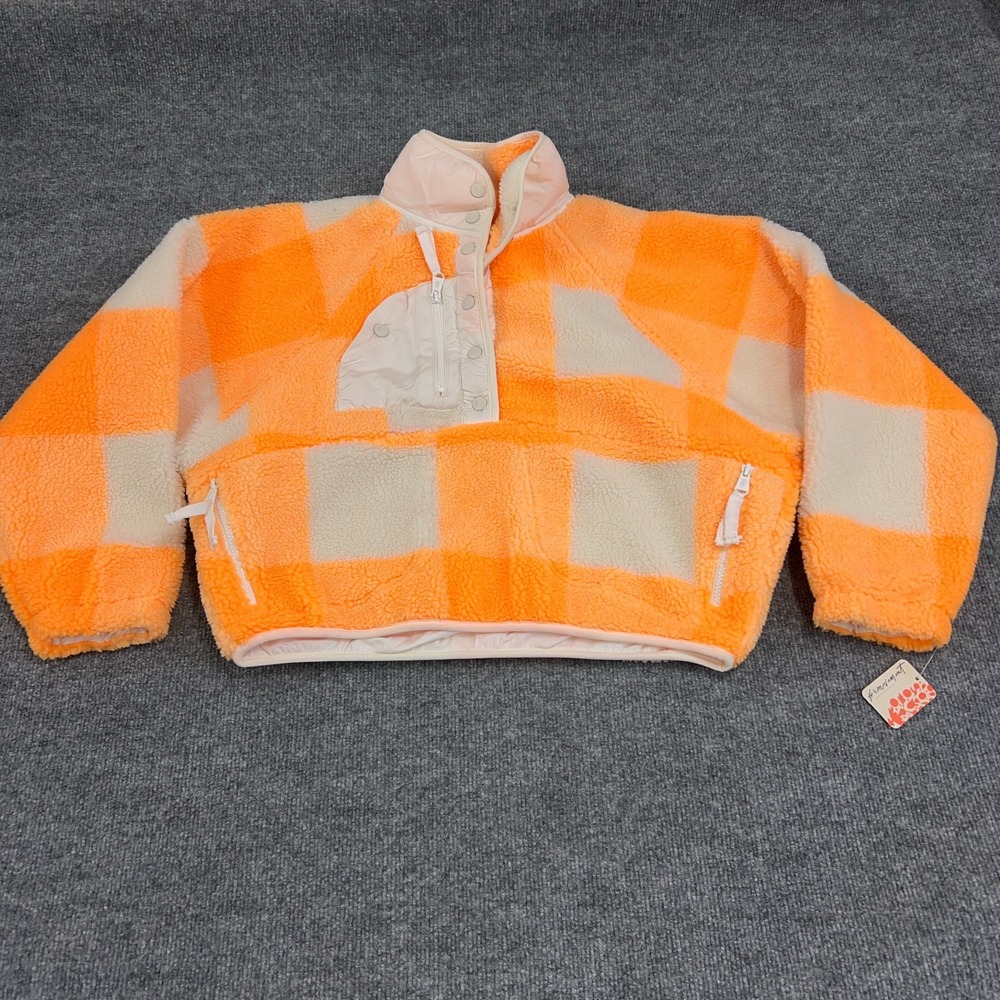 Free People FP Movement Jacket Women XS Electric Orange Hot Gingham Check Sherpa